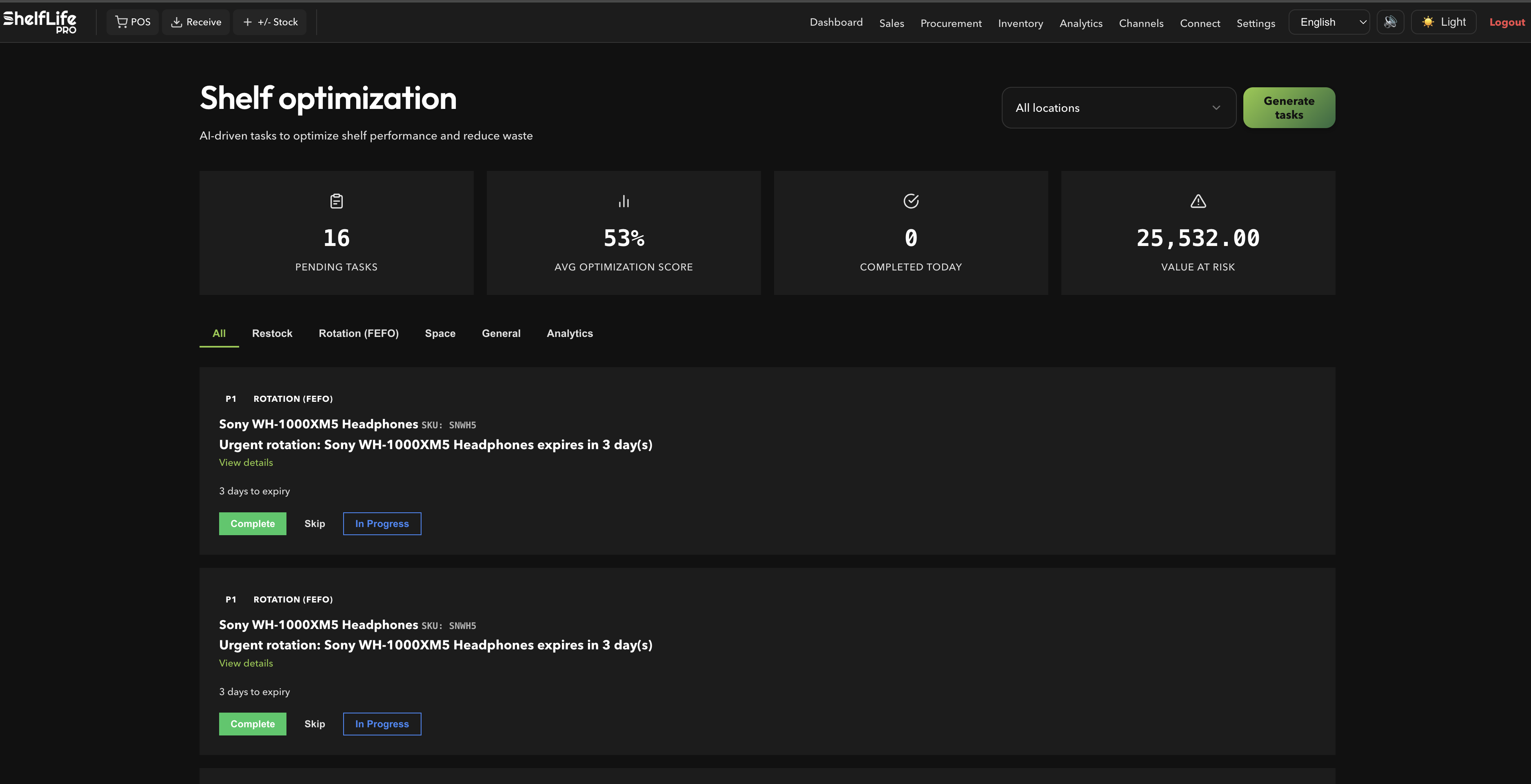 Shelf optimization โ AI-driven tasks with optimization scores and value-at-risk tracking