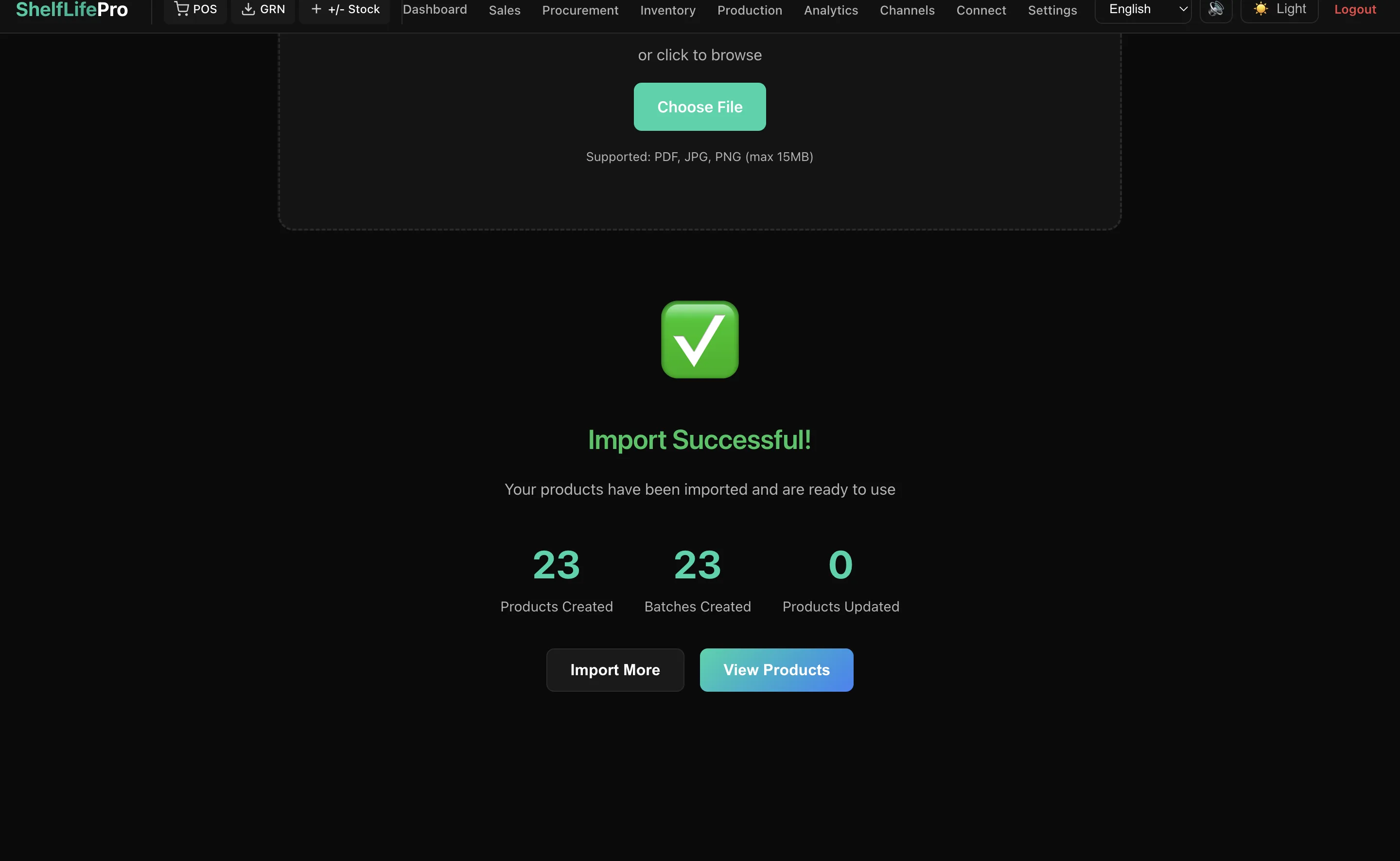 Import successful: 23 products created, 23 batches created